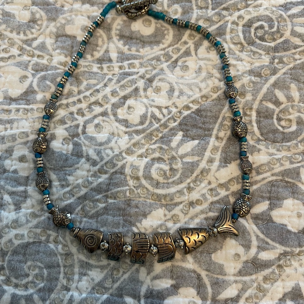 Artisan faux Silver and Turquoise Necklace fish design Brighton style